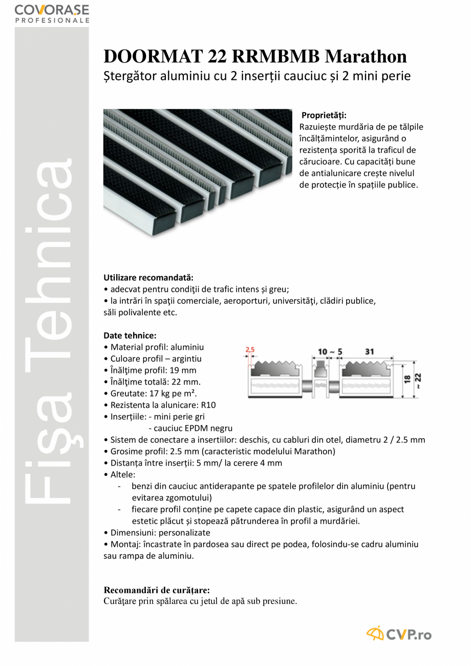 Pagina 1-Ștergător aluminiu cu 2 inserții cauciuc și 2 mini perii COVORASE PROFESIONALE DOORMAT V 22...