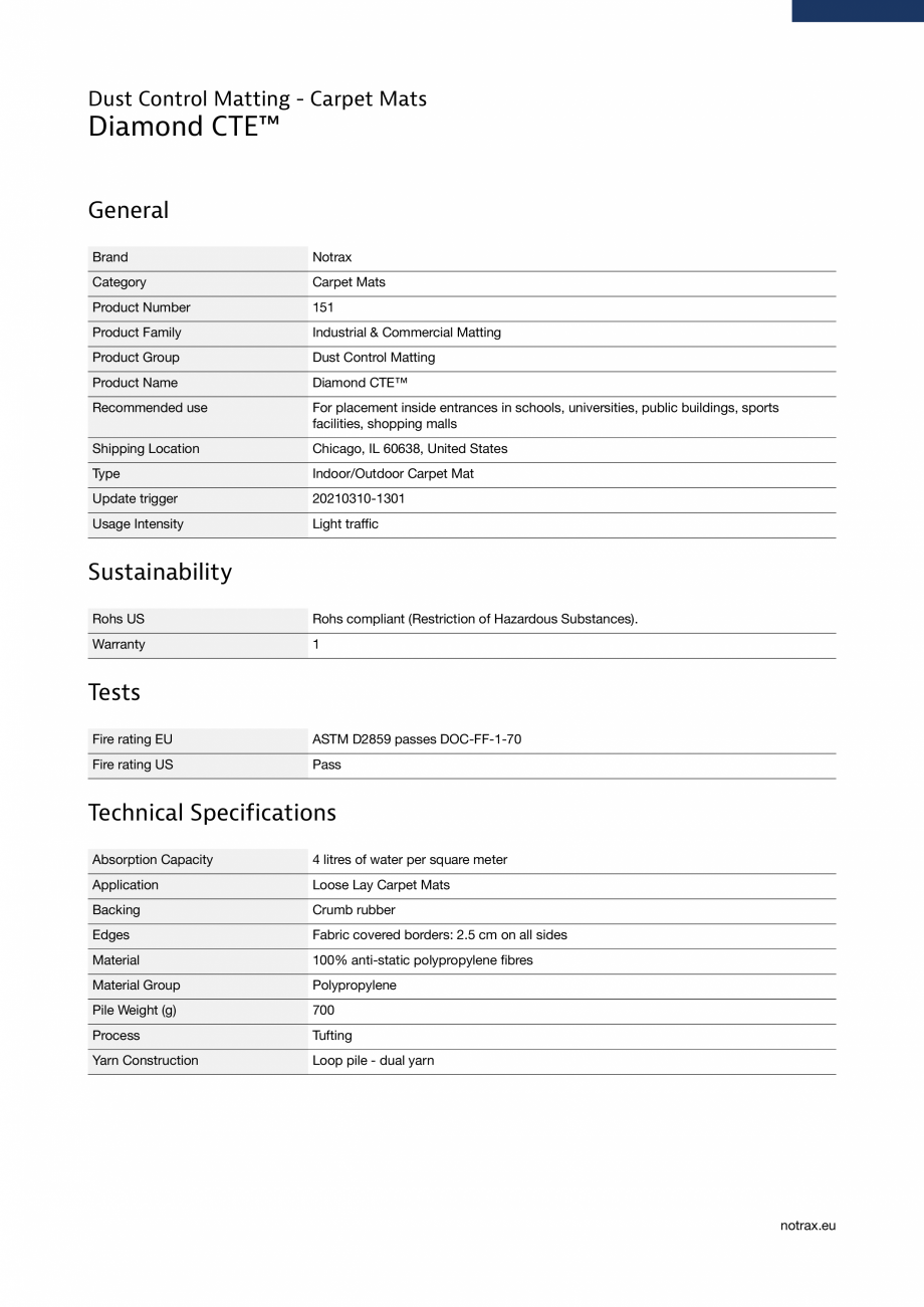 Pagina 3 - Covor de intrare textil COVORASE PROFESIONALE DIAMOND CTE 151 Fisa tehnica Engleza pile -...