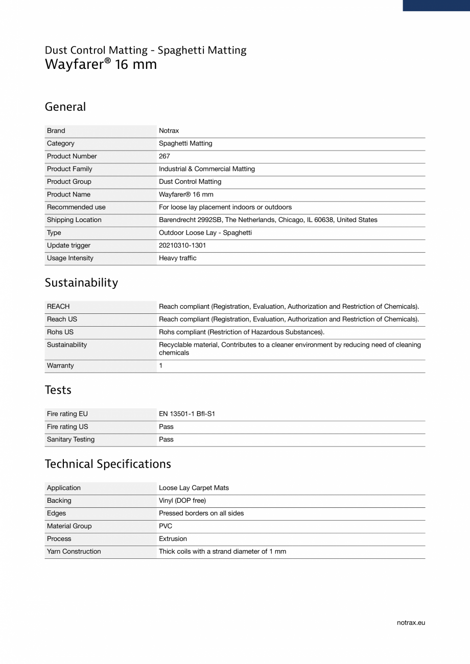 Pagina 3 - Covor de intrare textil 16mm COVORASE PROFESIONALE WAYFARER 267 Fisa tehnica Engleza  mm ...