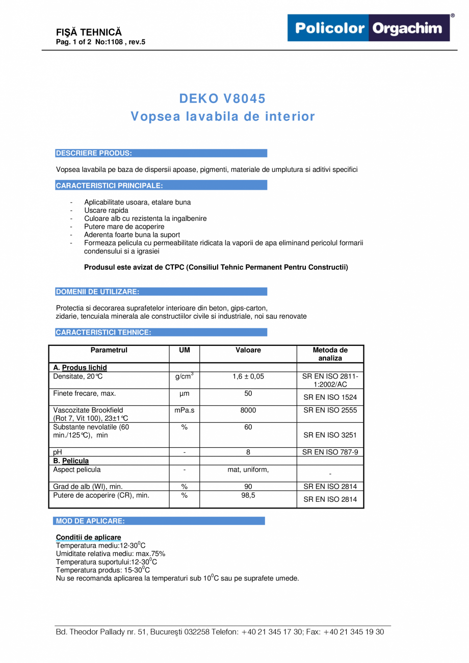 Vopsea Lavabila De Interior Deko Professional V 8045 Fisa Tehnica Romana