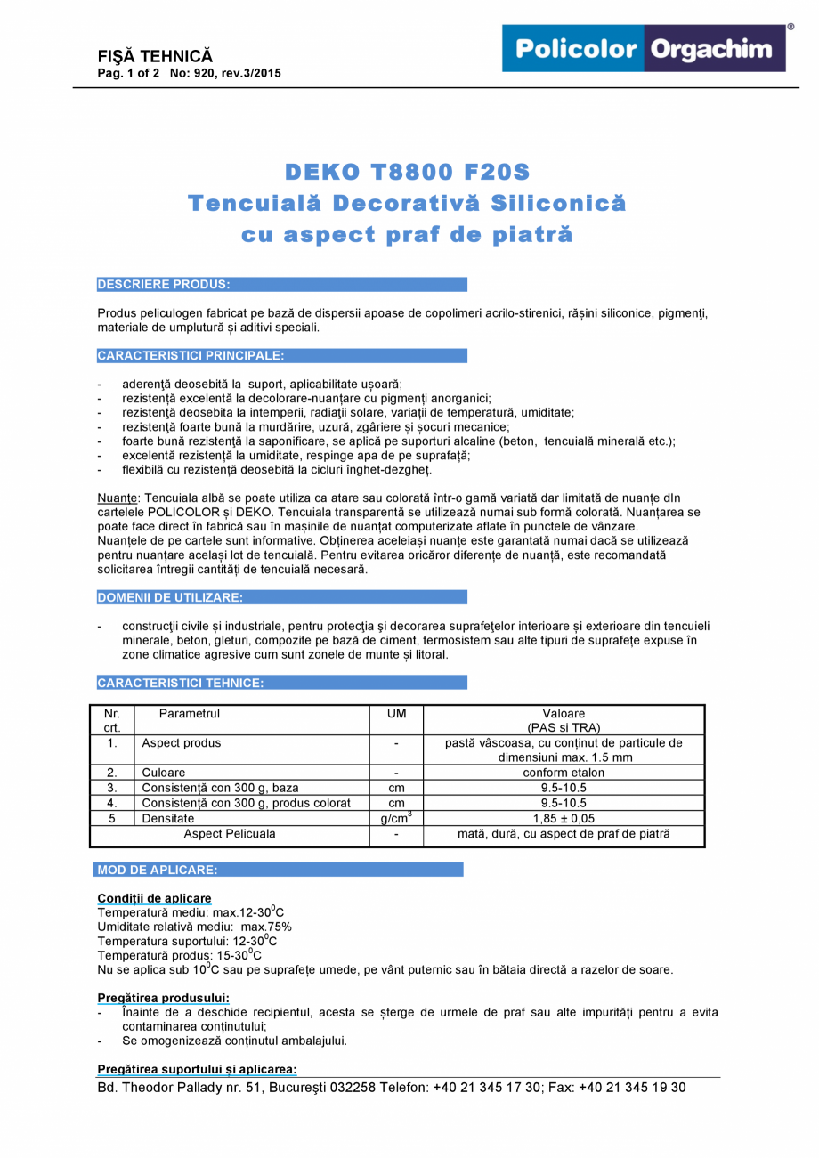 Tencuiala Decorativa Siliconica Cu Aspect Praf De Piatra F20s Deko Professional T8800 Fisa Tehnica