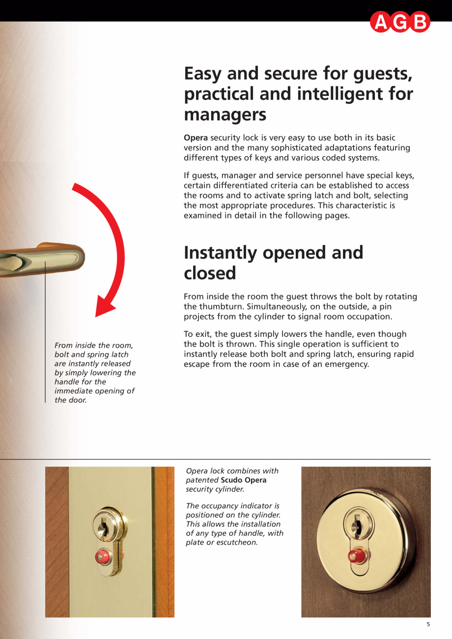 Pagina 5-Broasca antipanica pentru hoteluri AGB OPERA SL Catalog, brosura Engleza ly operates
the handle to...