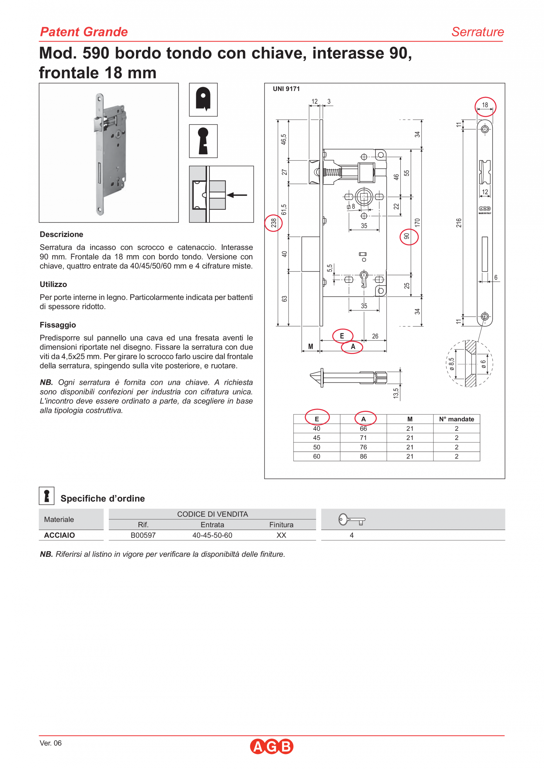 Serratura Patent Grande Foro 50 Mm AGB - Cromato