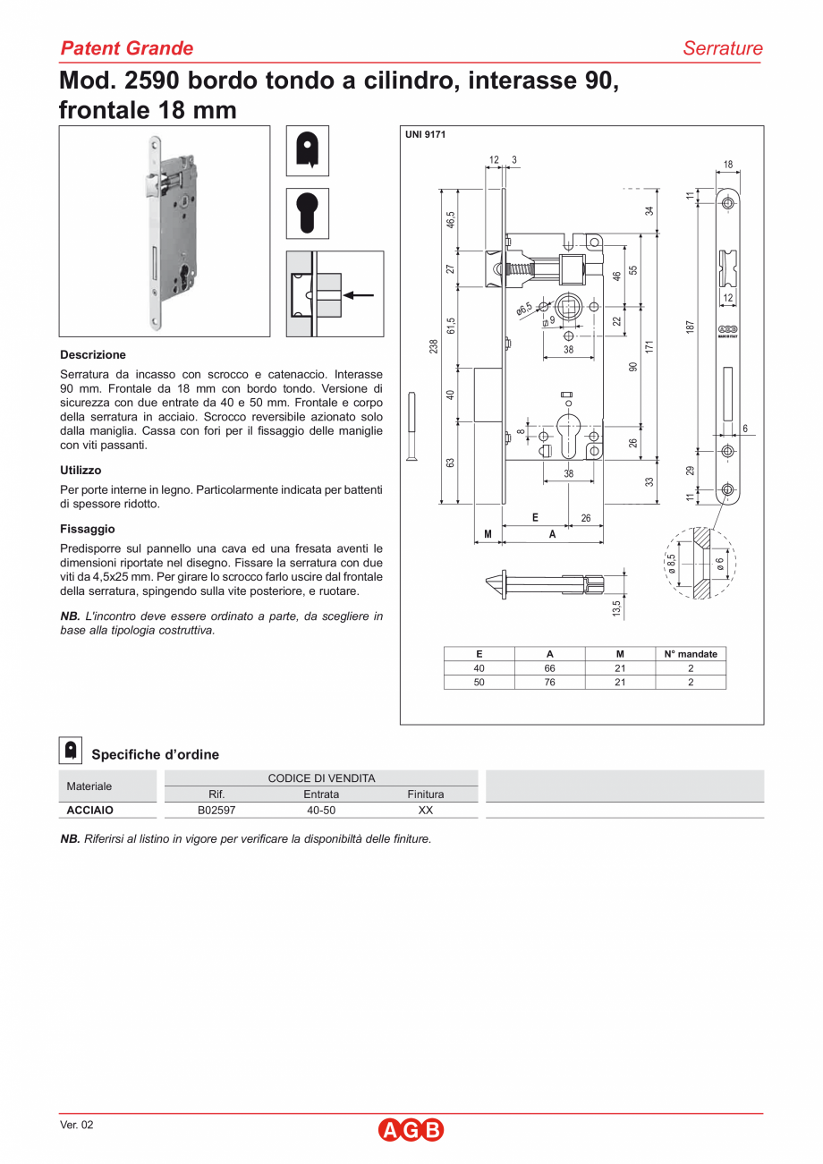 Pagina 1-Broasca usi - cilindru - frontal 18x238 AGB Patent Grande Fisa tehnica Italiana Patent Grande
...