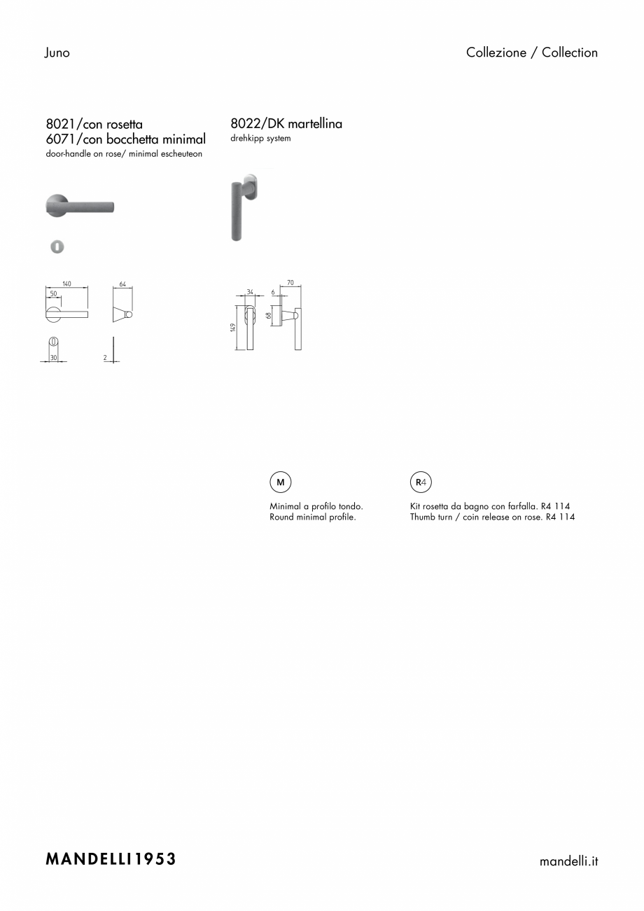 Pagina 2-Maner pentru usi de interior si de exterior  MANDELLI JUNO Fisa tehnica Italiana, Engleza 