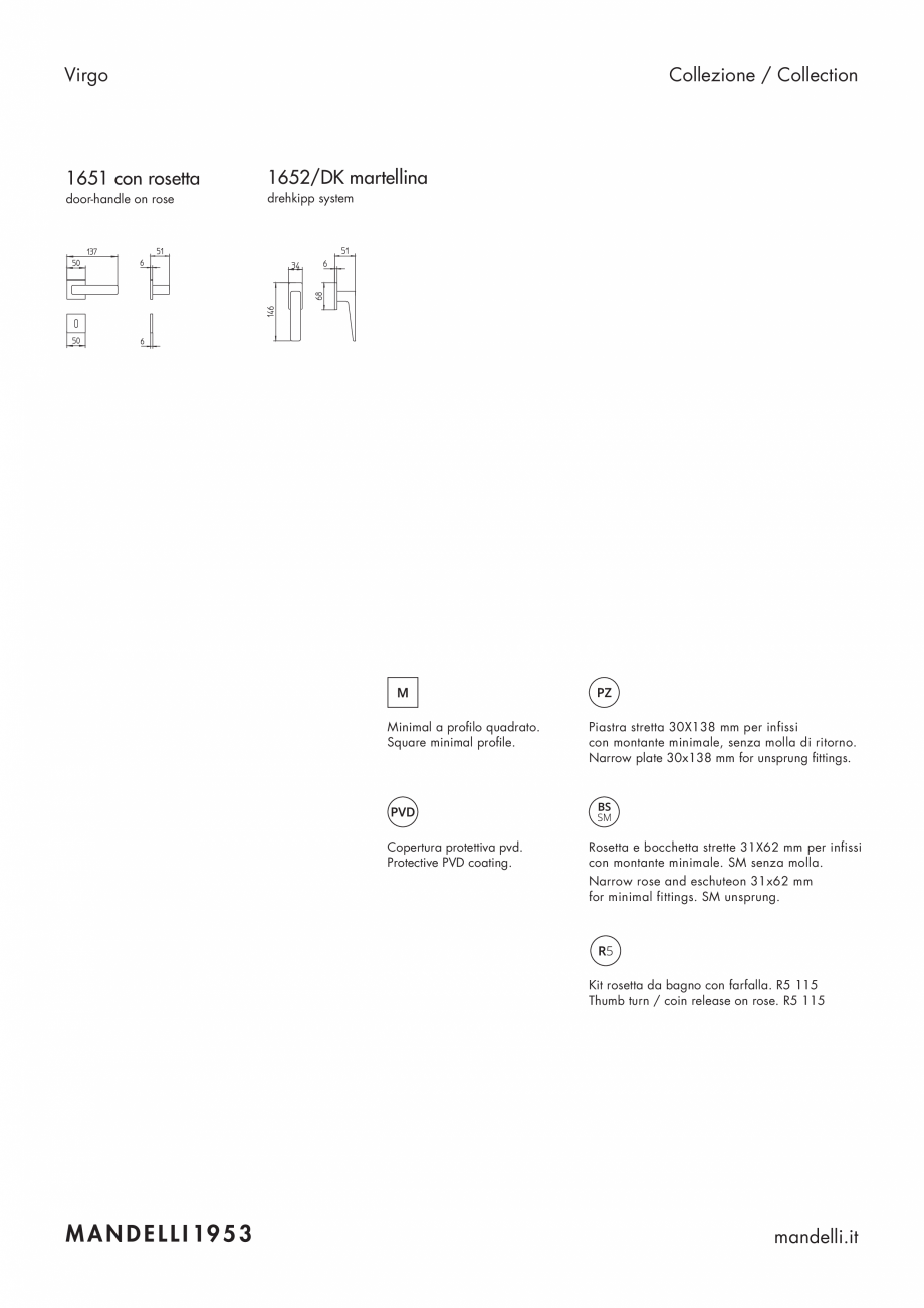 Pagina 2-Maner pentru usi de interior si de exterior MANDELLI VIRGO Fisa tehnica Engleza, Italiana tti i...