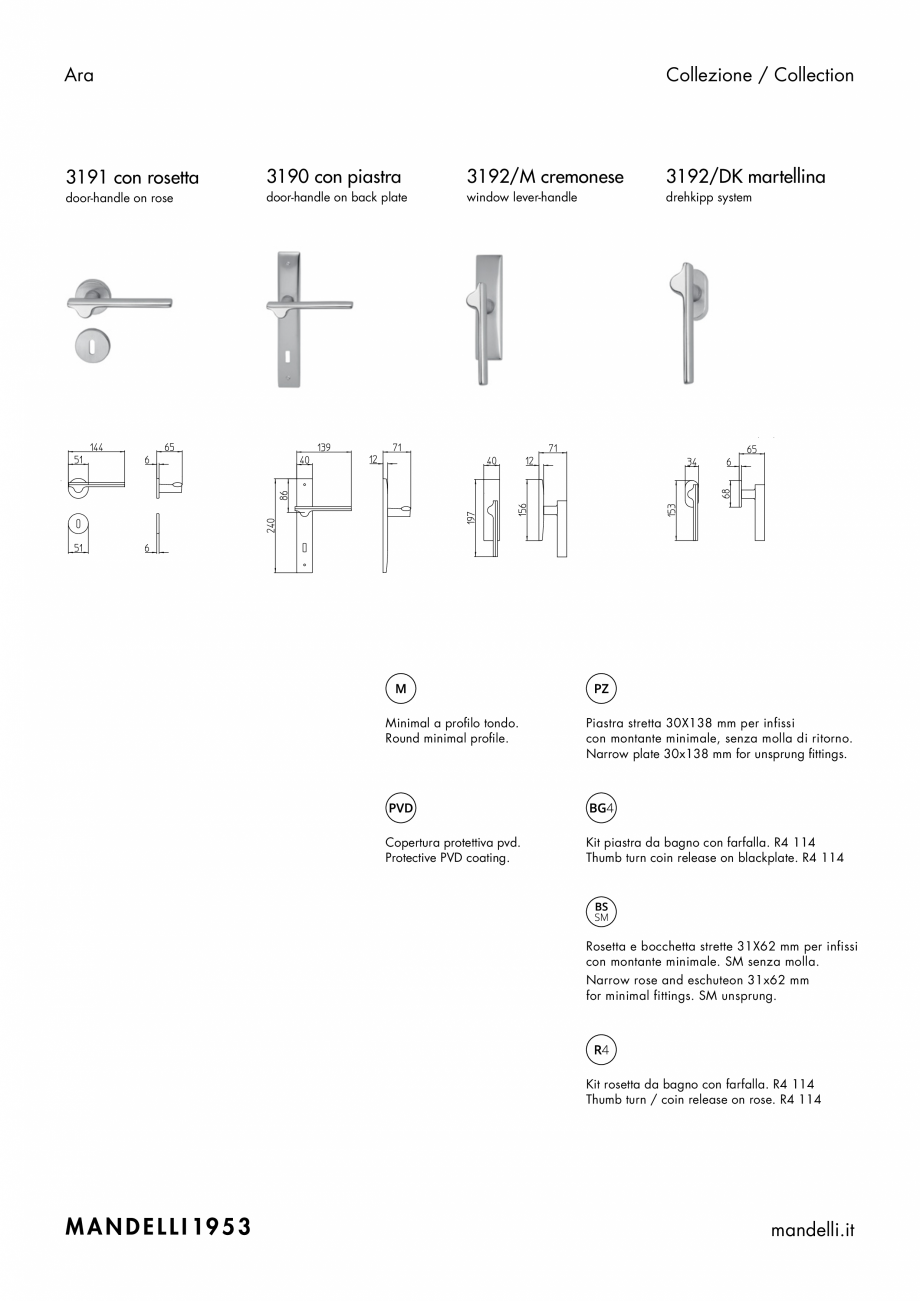 Pagina 2-Maner pentru usi de interior si de exterior MANDELLI ARA Fisa tehnica Engleza, Italiana Mat satin...