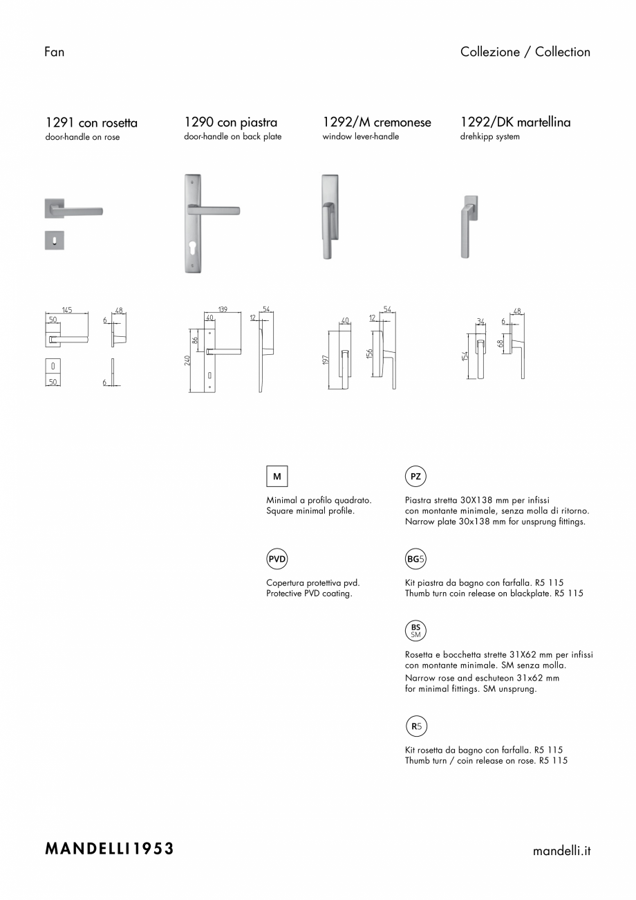 Pagina 2-Maner pentru usi de interior si de exterior MANDELLI FAN Fisa tehnica Engleza, Italiana 
Mat satin...