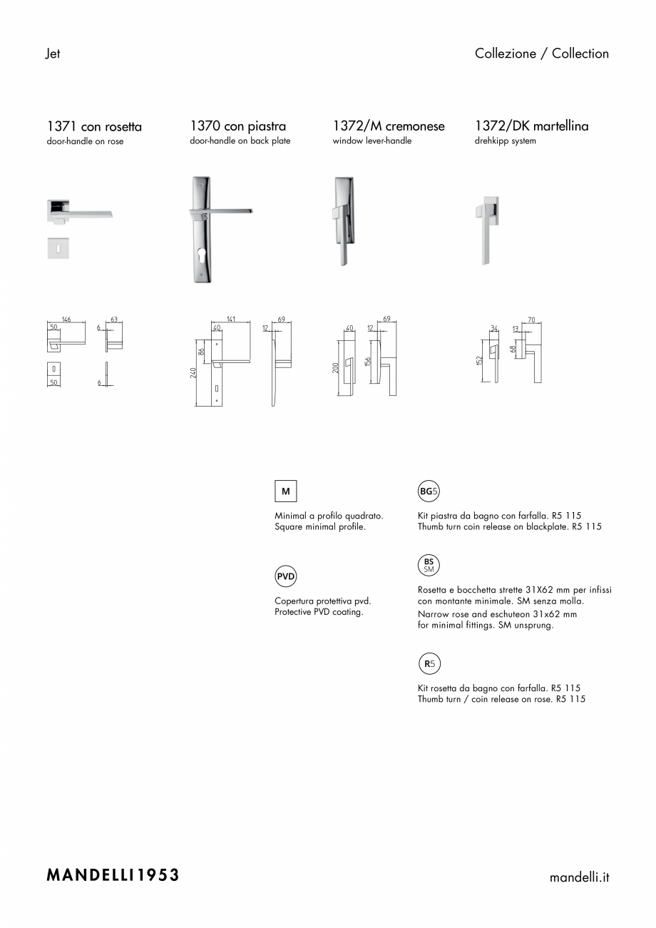 Pagina 2-Maner pentru usi de interior si de exterior MANDELLI JET Fisa tehnica Engleza, Italiana hite and mat...