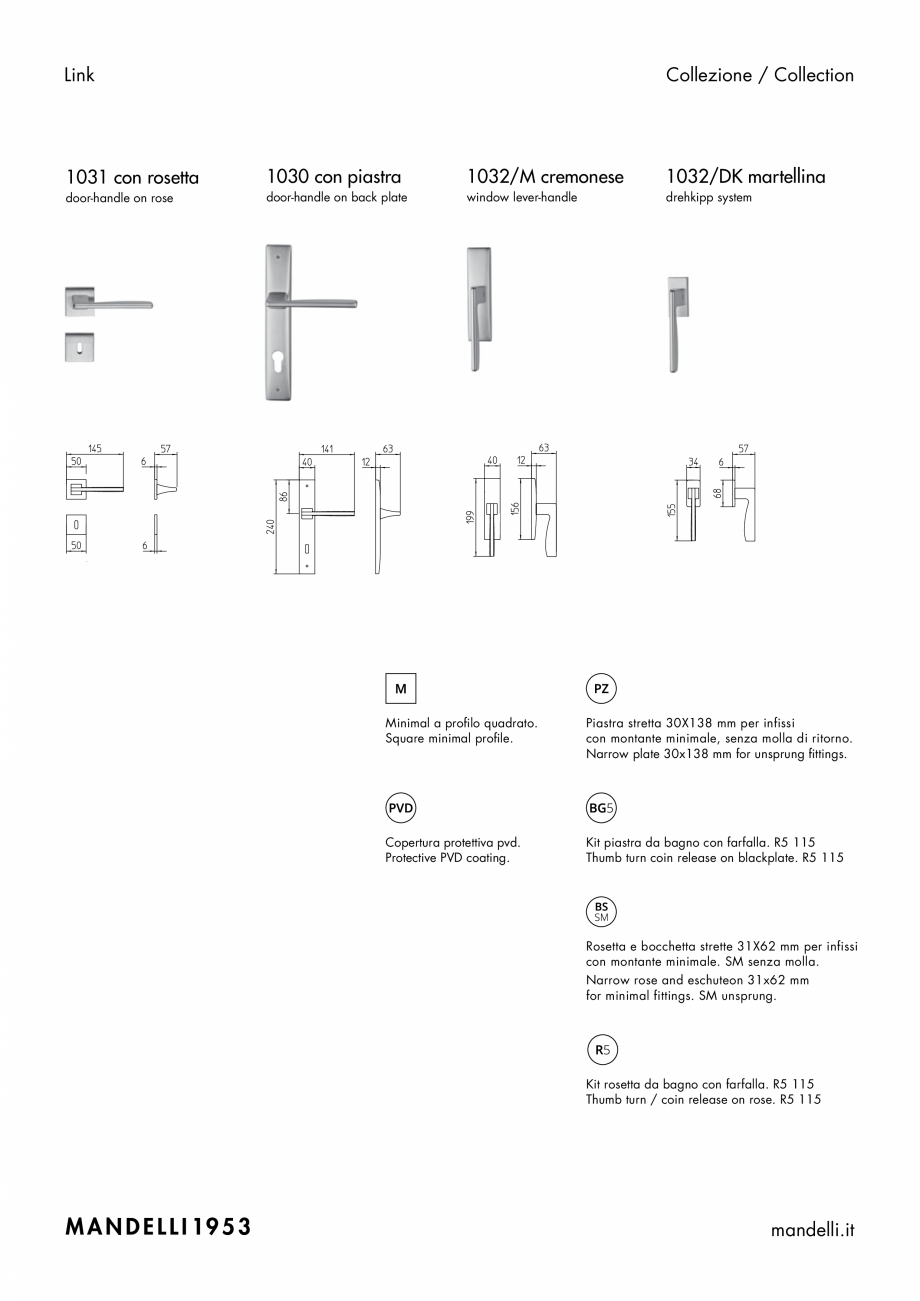 Pagina 2-Maner pentru usi de interior si de exterior MANDELLI LINK Fisa tehnica Engleza, Italiana SN Nickel...