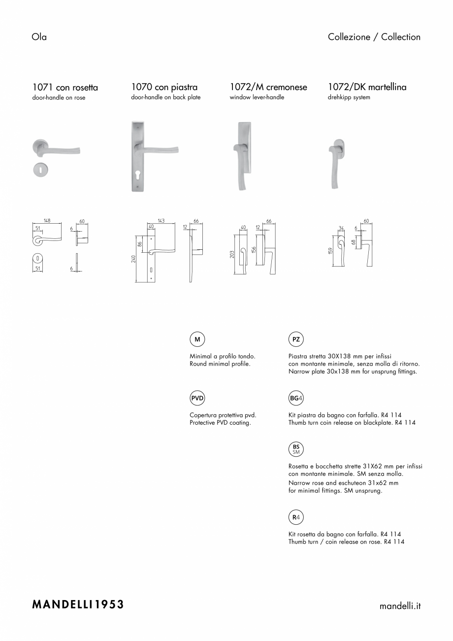 Pagina 2-Maner pentru usi de interior si de exterior MANDELLI OLA Fisa tehnica Engleza, Italiana nickel
...