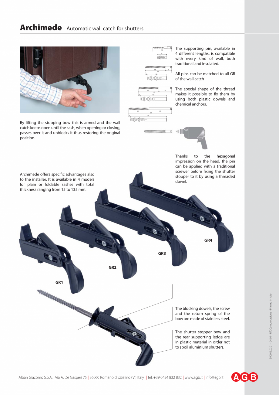 Pagina 2-Blocatori de oblon Archimede- pliant AGB Catalog, brosura Engleza els and
chemical anchors.

115
220...