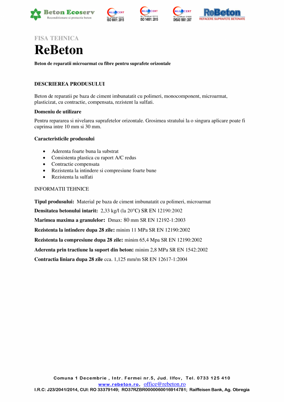 Pagina 1-Beton de reparatii microarmat cu fibre pentru suprafete orizontale BETON ECOSERV ReBeton Fisa...