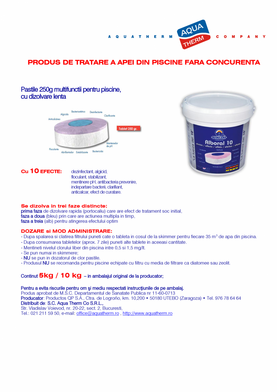 Pagina 1-Pastile 250g multifunctii pentru piscine, cu dizolvare lenta AQUA THERM ALBORAL 10 Fisa tehnica...