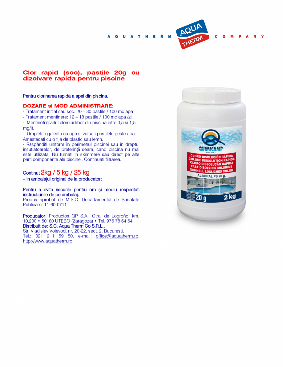 Pagina 1-Clor rapid (soc), pastile 20g cu dizolvare rapida pentru piscine  AQUA THERM ALBORAL CLOR SOC...