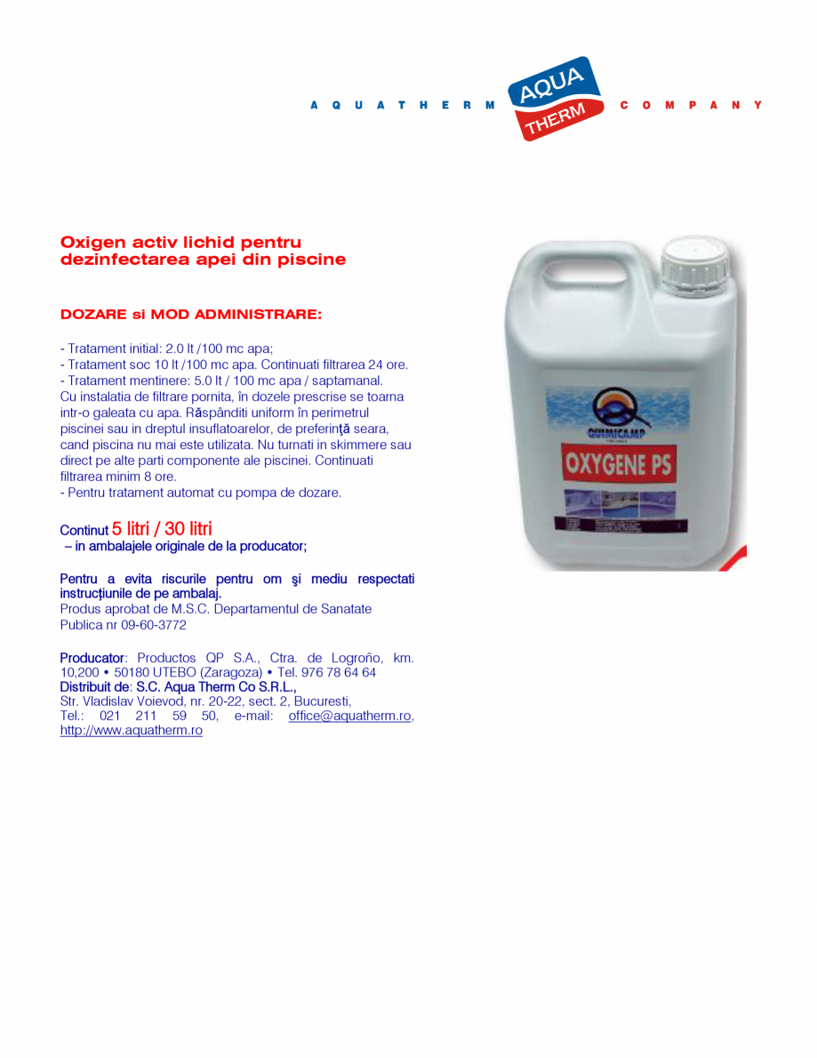Pagina 1-Oxigen activ lichid pentru dezinfectarea apei din piscine AQUA THERM Fisa tehnica Romana Oxigen...