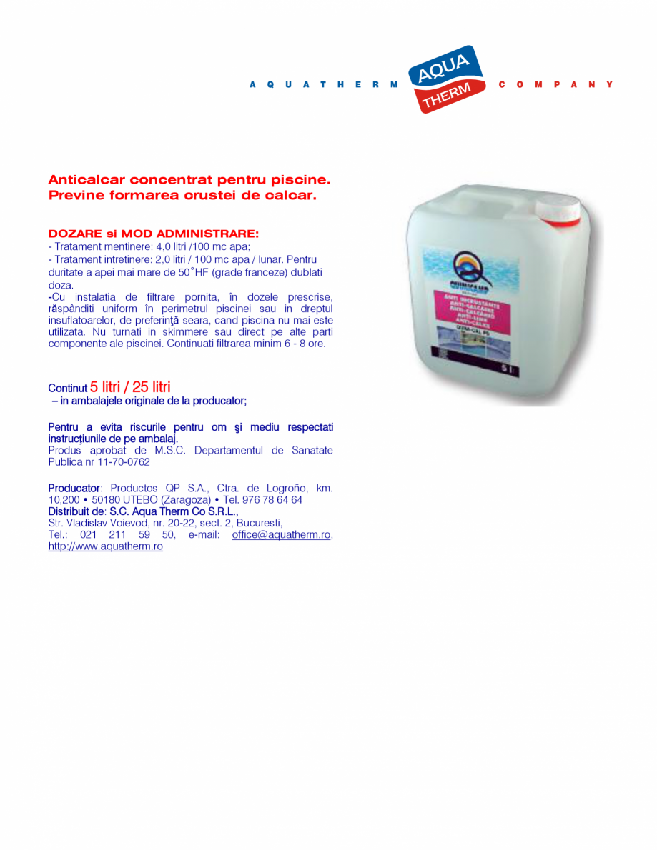 Pagina 1-Anticalcar concentrat pentru piscine AQUA THERM  ANTICALCAR QUIMICAL PS LICHID Fisa tehnica Romana...