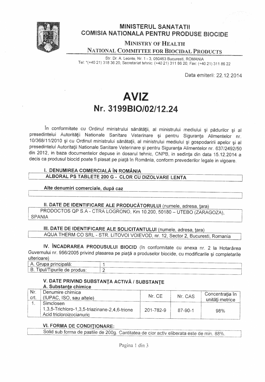 Pagina 1-Aviz Nr.3199 BIO/02/12.24 AQUA THERM ALBORAL PS CLOR LENT Certificare produs Romana 