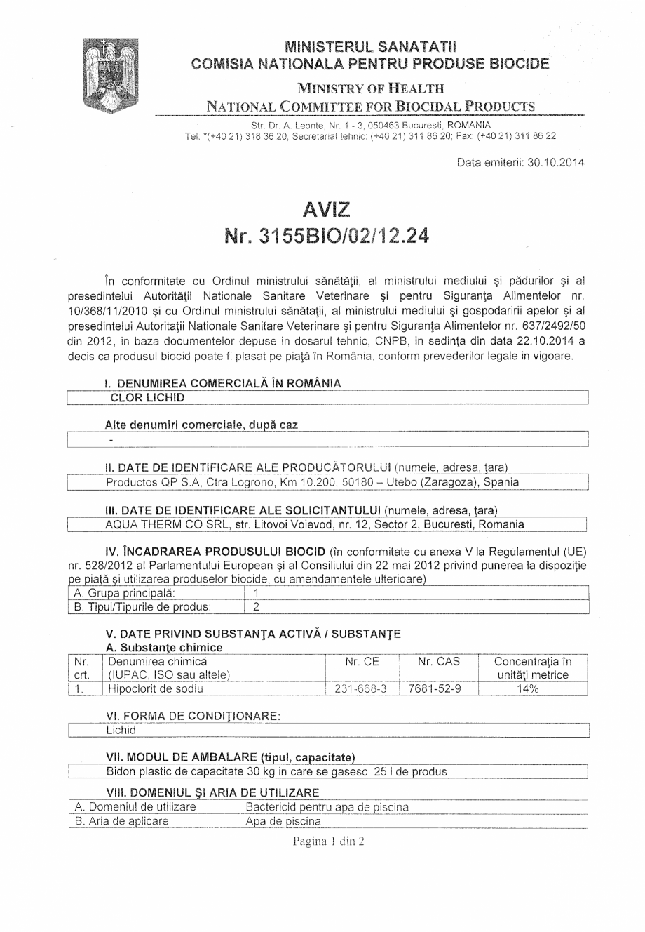 Pagina 1-Aviz Nr.3155 BIO/02/12.24 AQUA THERM CLOR LICHID Certificare produs Romana 