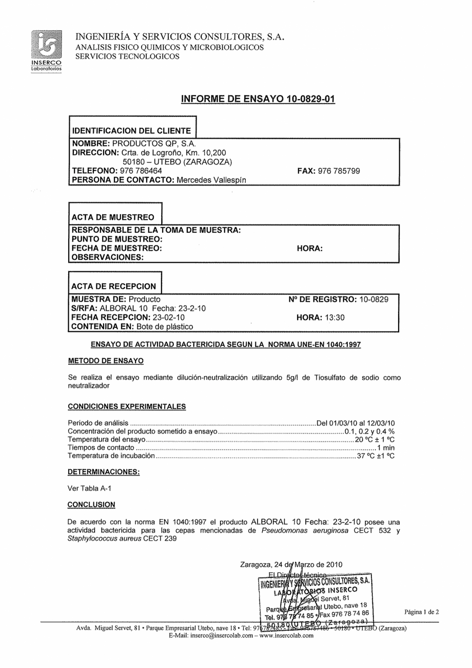 Pagina 1-Test de eficacitate AQUA THERM ALBORAL 10 Certificare produs Spaniola 