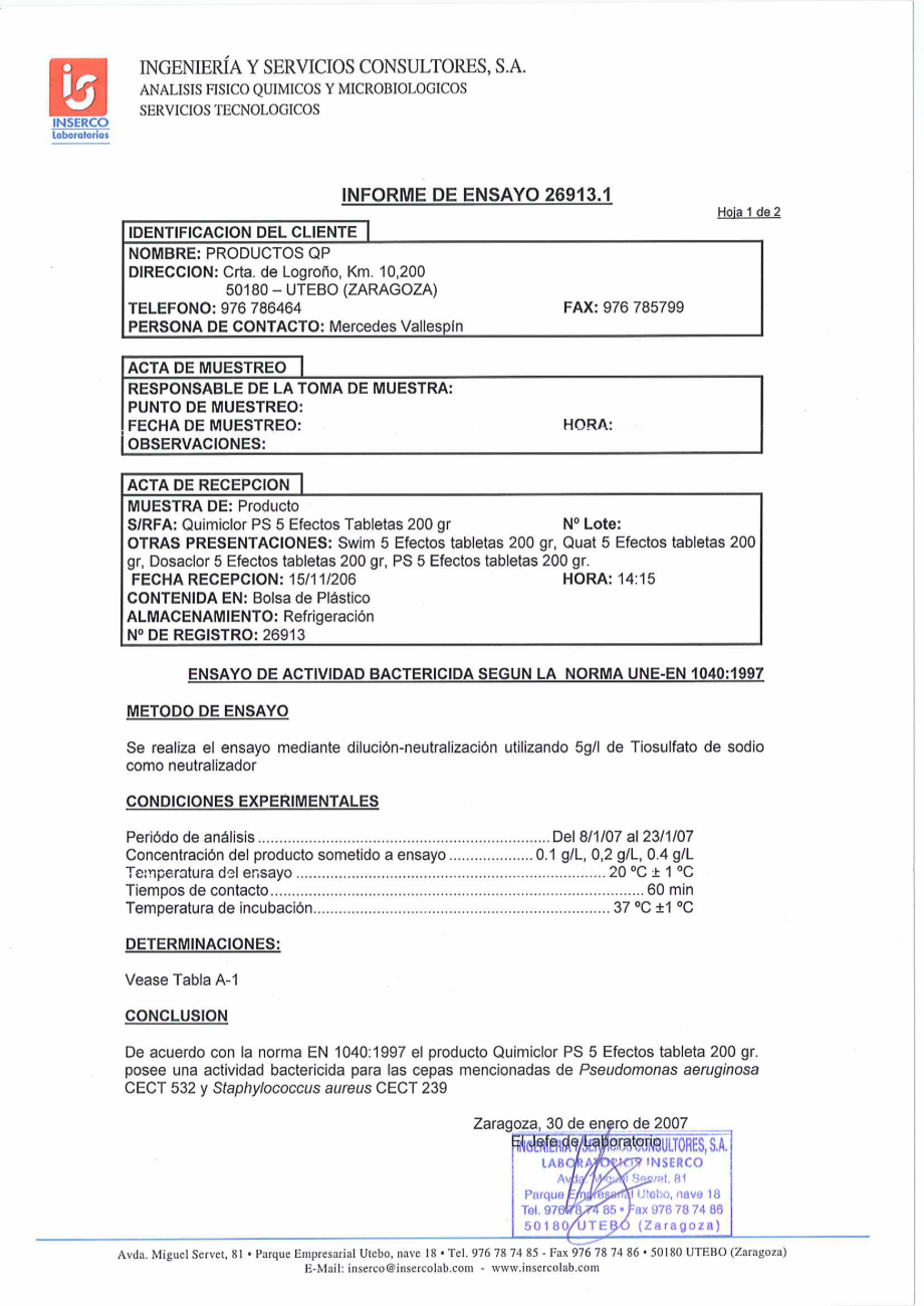 Pagina 1-Test de eficacitate AQUA THERM QUIMICLOR PS 5 FUNCTII Certificare produs Spaniola 