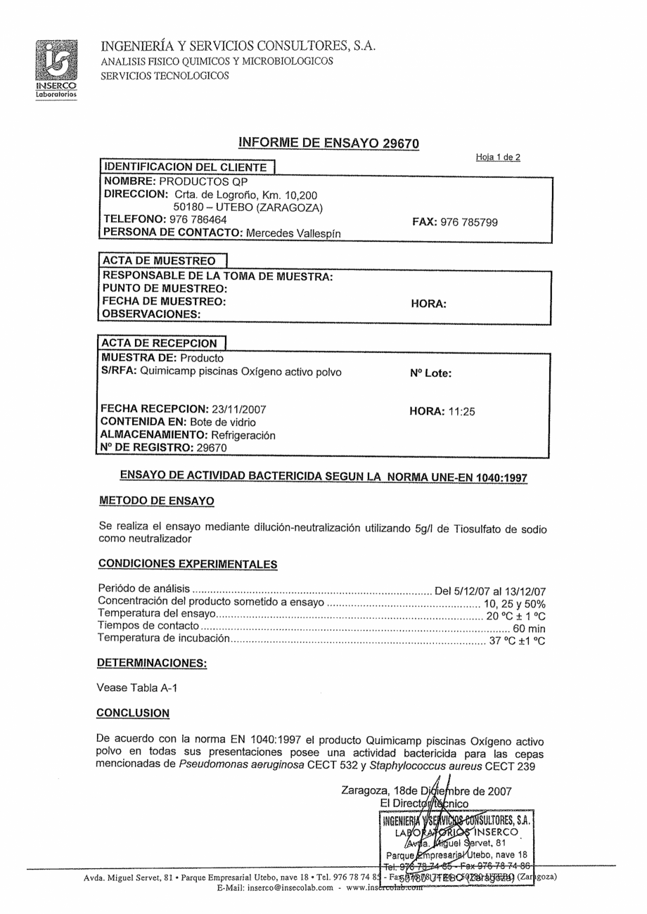 Pagina 1-Test de eficacitate AQUA THERM OXIGEN ACTIV PUDRA Certificare produs Spaniola 