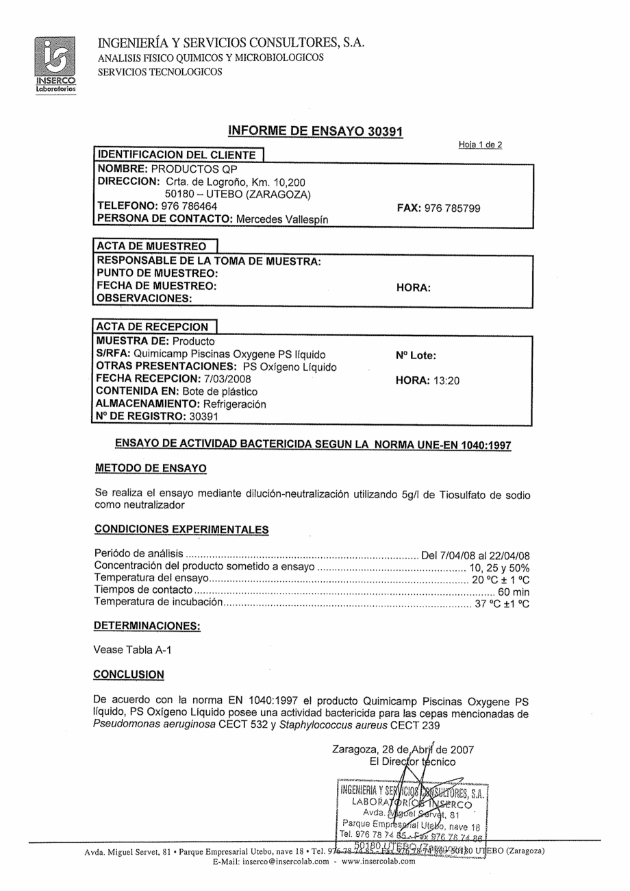 Pagina 1-Test de eficacitate AQUA THERM OXIGEN ACTIV LICHID Certificare produs Spaniola 