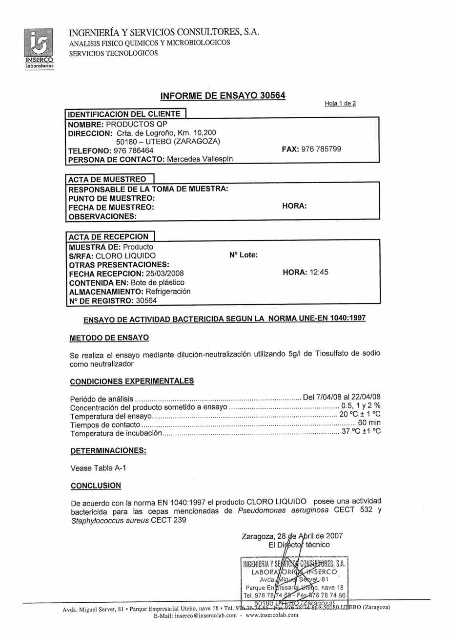 Pagina 1-Test de eficacitate AQUA THERM CLOR LICHID Certificare produs Spaniola 