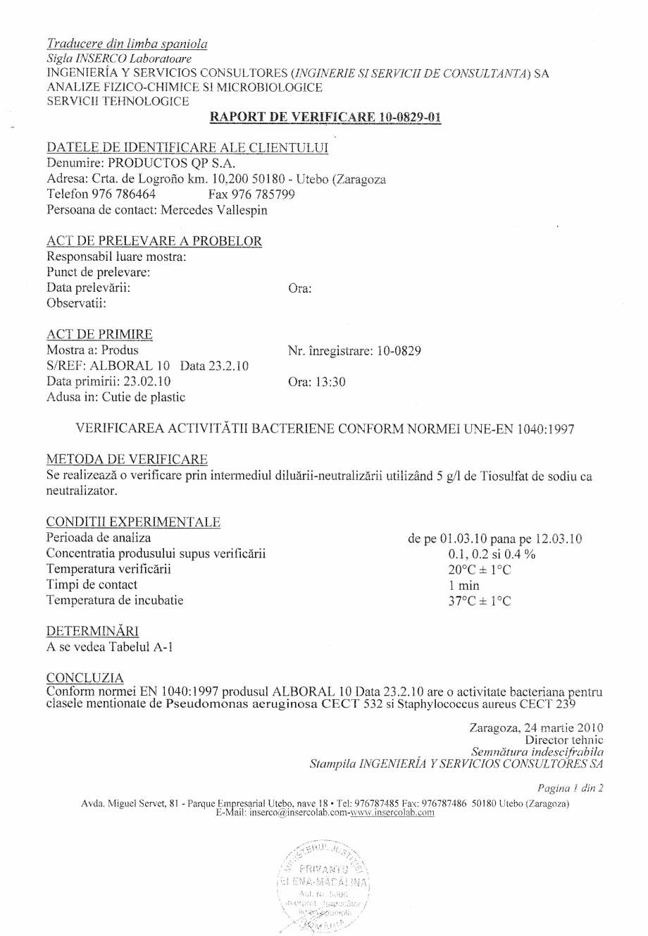 Pagina 1-Test de eficacitate AQUA THERM ALBORAL 10 Certificare produs Romana 