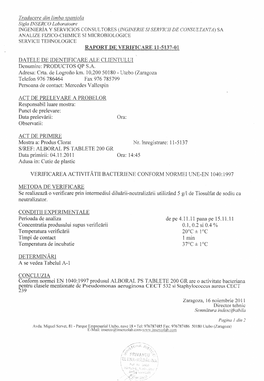 Pagina 1-Test de eficacitate AQUA THERM ALBORAL PS CLOR LENT Certificare produs Romana 