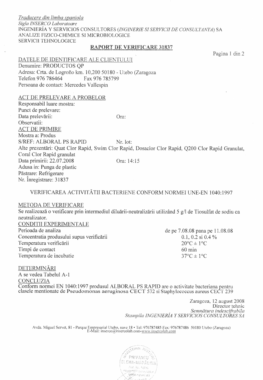 Pagina 1-Raport de verificare 31837 AQUA THERM ALBORAL CLOR SOC PASTILE Certificare produs Romana 