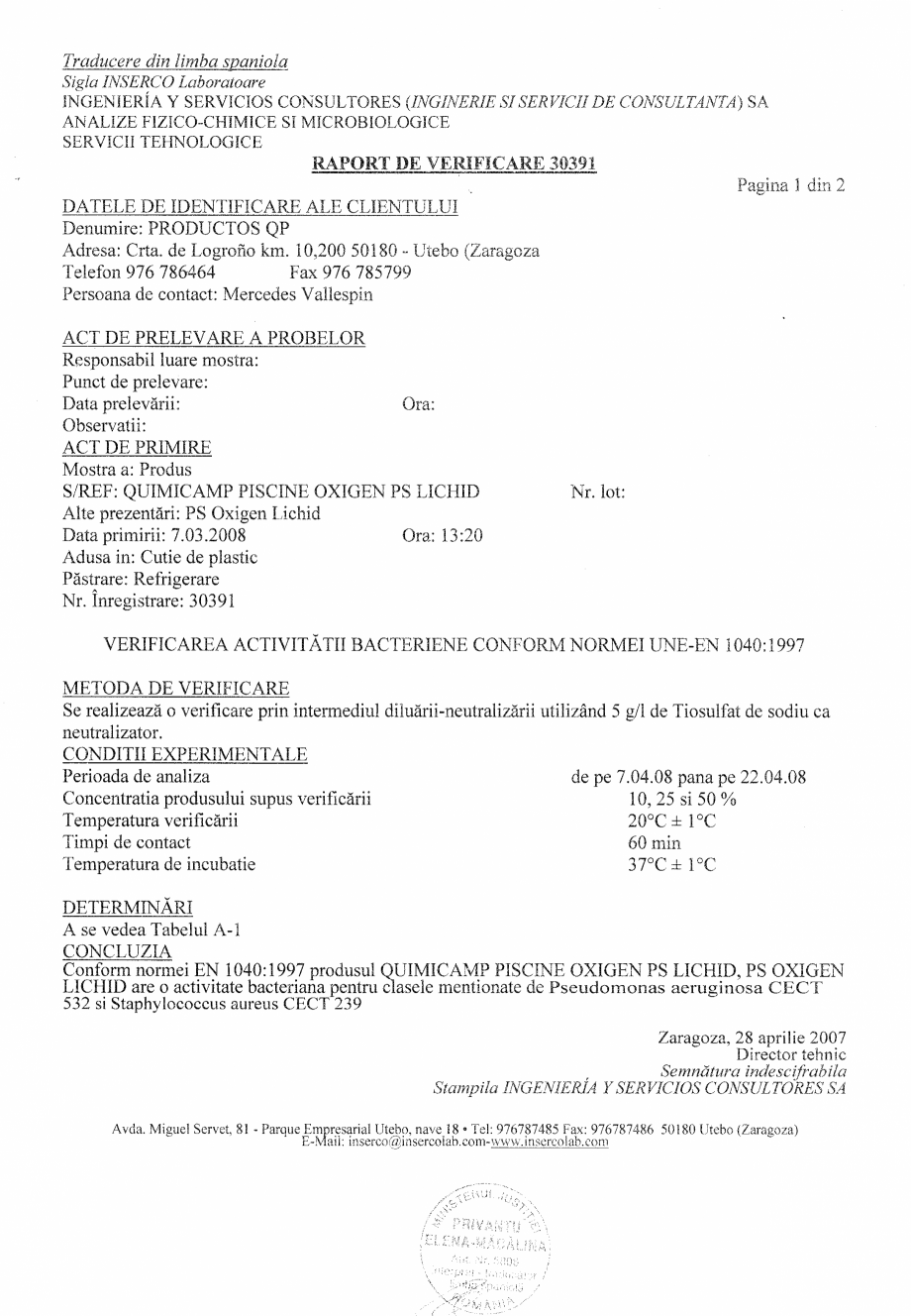 Pagina 1-Test de eficacitate AQUA THERM OXIGEN ACTIV LICHID Certificare produs Romana 