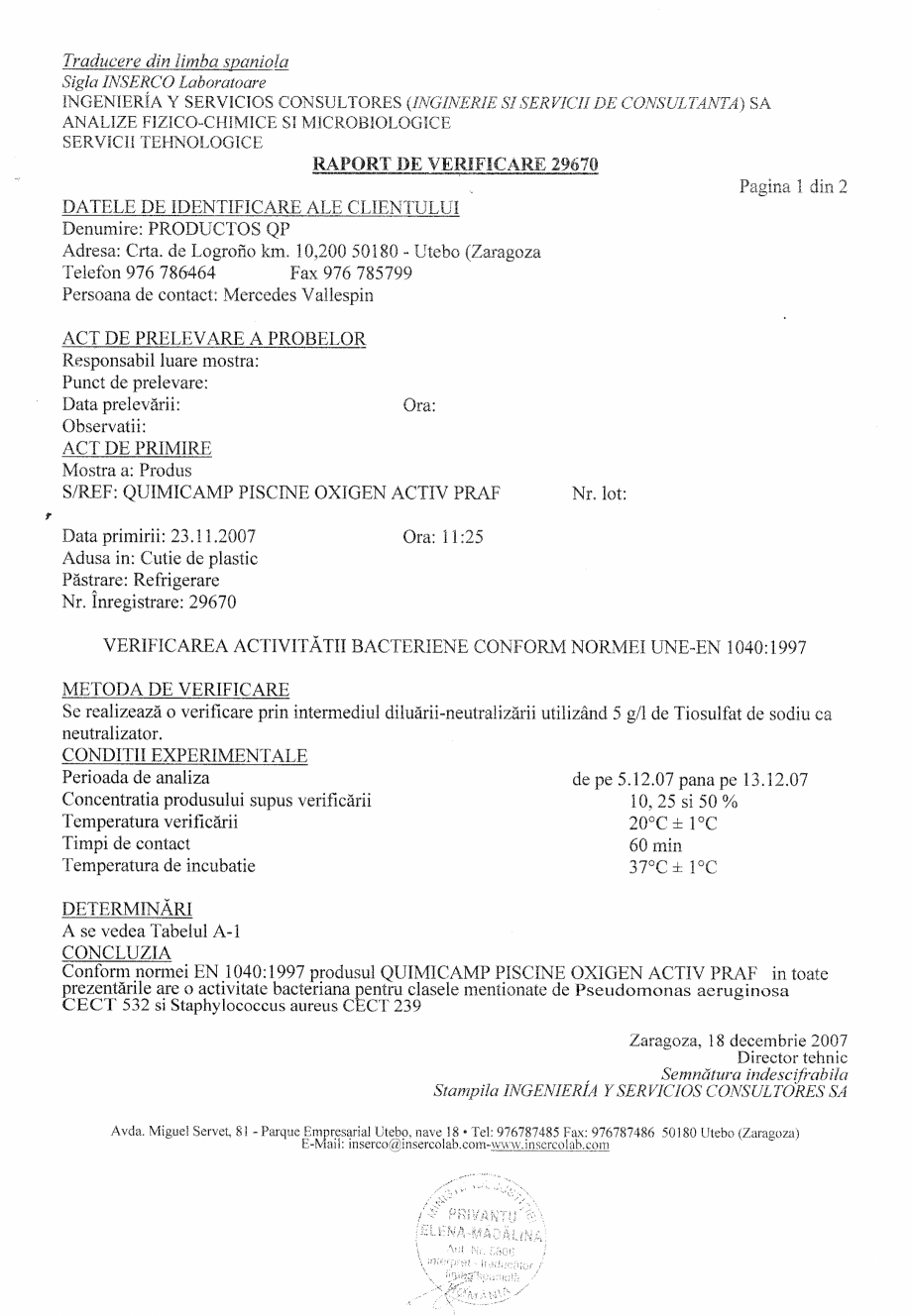 Pagina 1-Test de eficacitate AQUA THERM OXIGEN ACTIV PUDRA Certificare produs Romana 