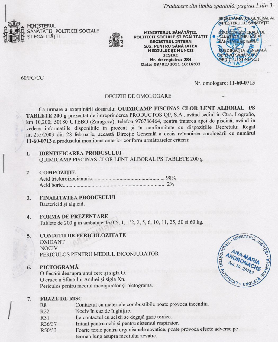 Pagina 1-Decizie de omologare AQUA THERM ALBORAL PS CLOR LENT Certificare produs Romana 