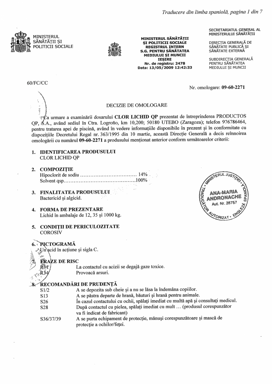 Pagina 1-Decizie de omologare AQUA THERM CLOR LICHID Certificare produs Romana 