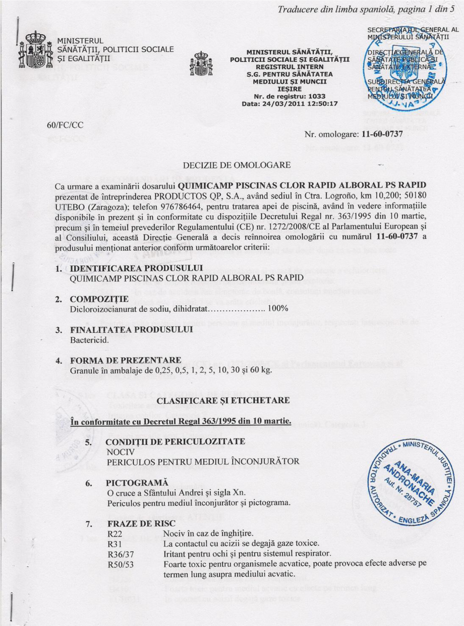 Pagina 1-Decizie de omologare AQUA THERM ALBORAL CLOR SOC PASTILE Certificare produs Romana 