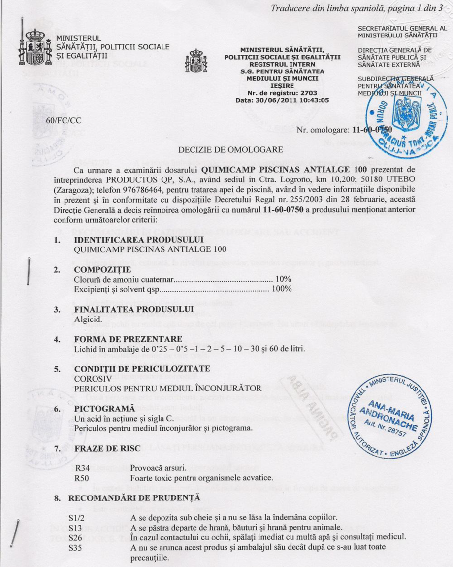 Pagina 1-Decizie de omologare AQUA THERM ALGICID 100 LICHID Certificare produs Romana 