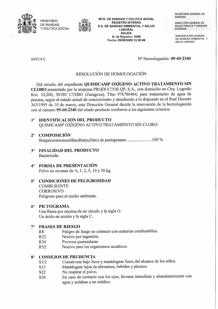 Pagina 1-Decizie de omologare AQUA THERM OXIGEN ACTIV PUDRA Certificare produs Spaniola 