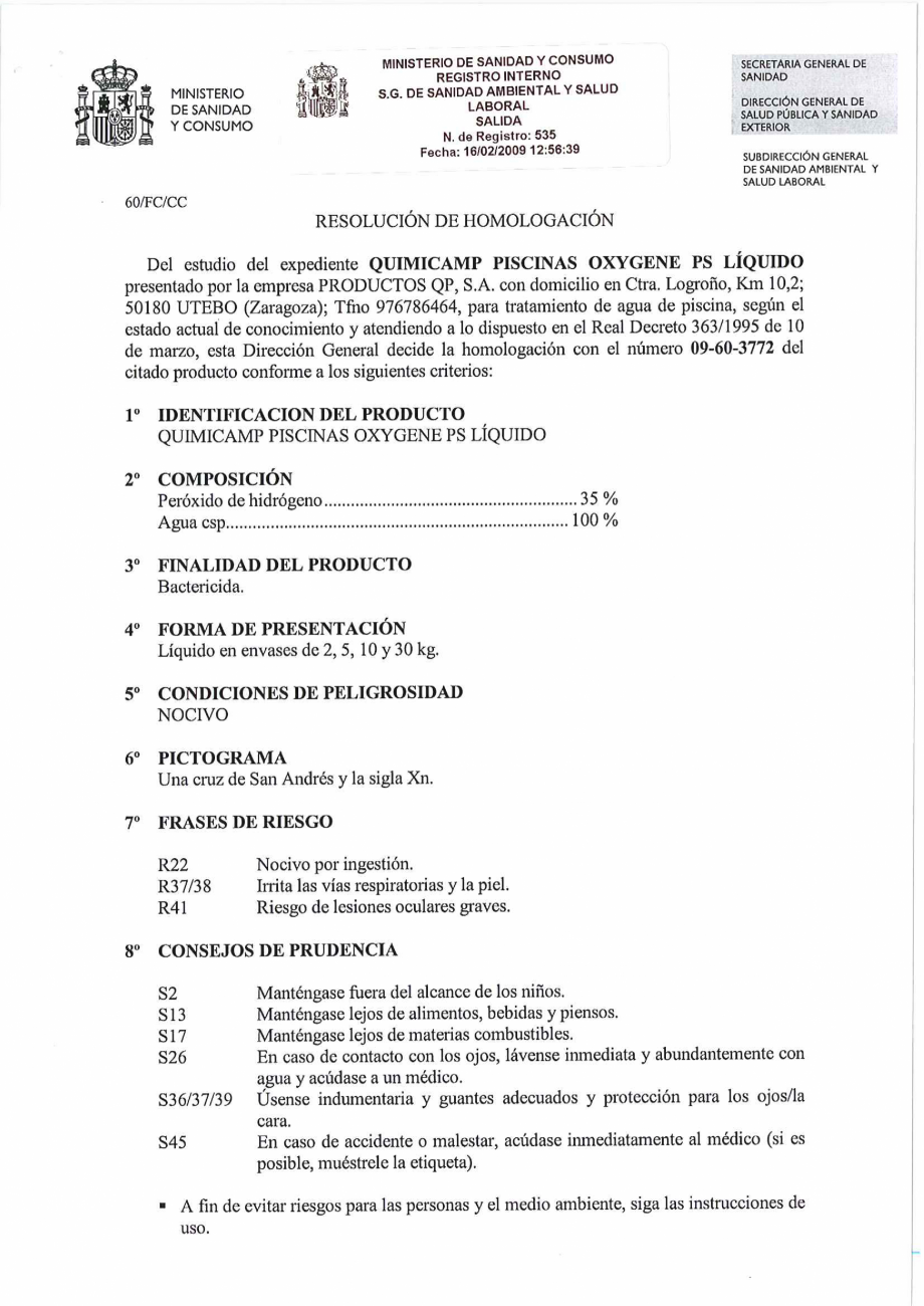 Pagina 1-Decizie de omologare AQUA THERM OXIGEN ACTIV LICHID Certificare produs Spaniola 