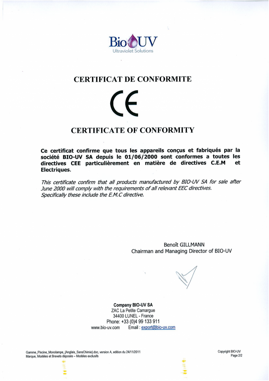 Pagina 1 - Certificat de conformite BIO-UV AQUA THERM Certificare produs Franceza 