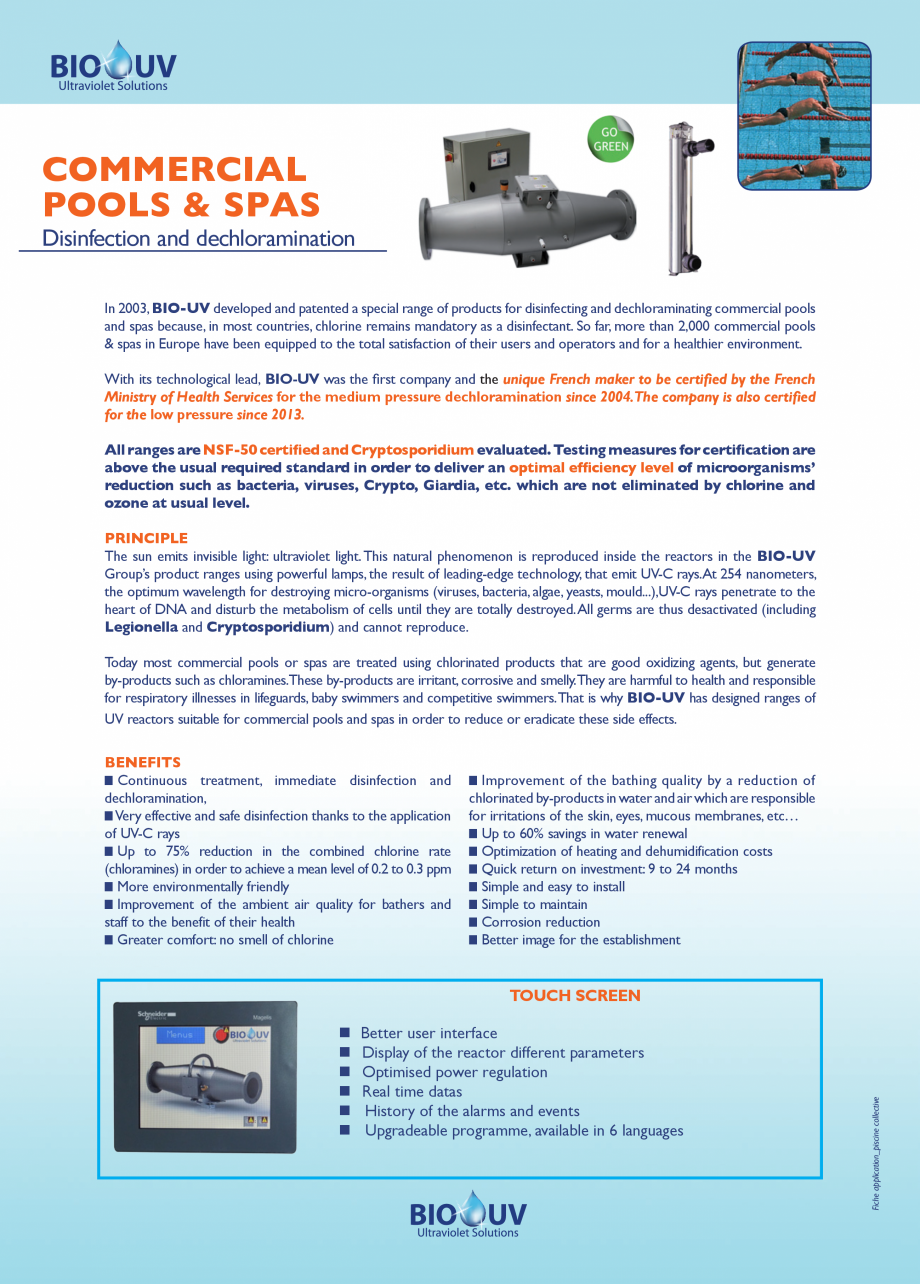 Pagina 1-Sterilizatoare UV pentru piscine publice AQUA THERM MP EL, HO Fisa tehnica Engleza COMMERCIAL
POOLS ...