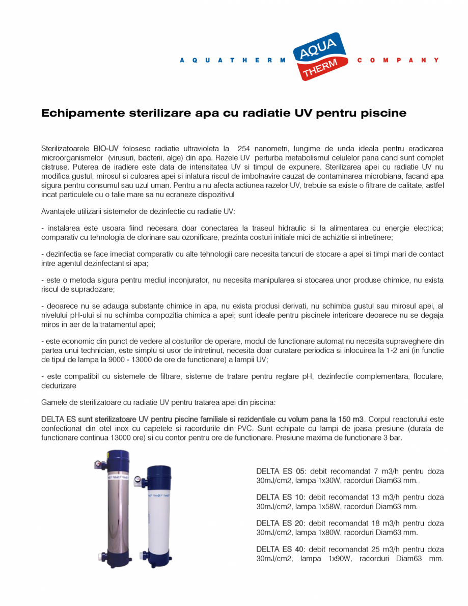 Pagina 1-Sterilizatoare UV pentru piscine  AQUA THERM DELTA ES, HO, MP EL Catalog, brosura Romana Echipamente...