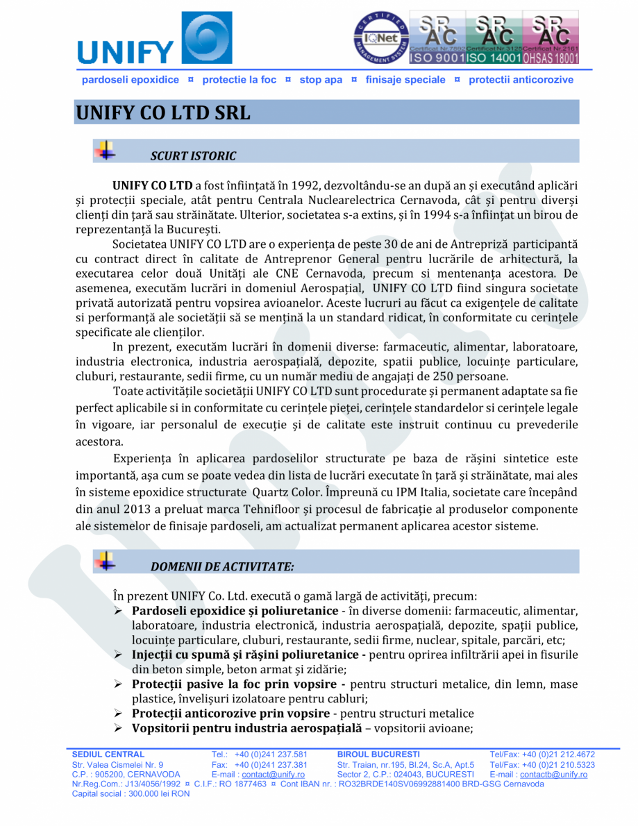 Pagina 1-Prezentare UNIFY CO LTD  Catalog, brosura pardoseli epoxidice ¤ protectie la foc ¤ stop apa ¤...