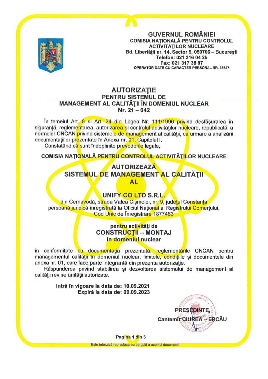 Pagina 1-Autorizatie CNCAN Constructii-Montaj UNIFY 21-042  Certificare produs Engleza 