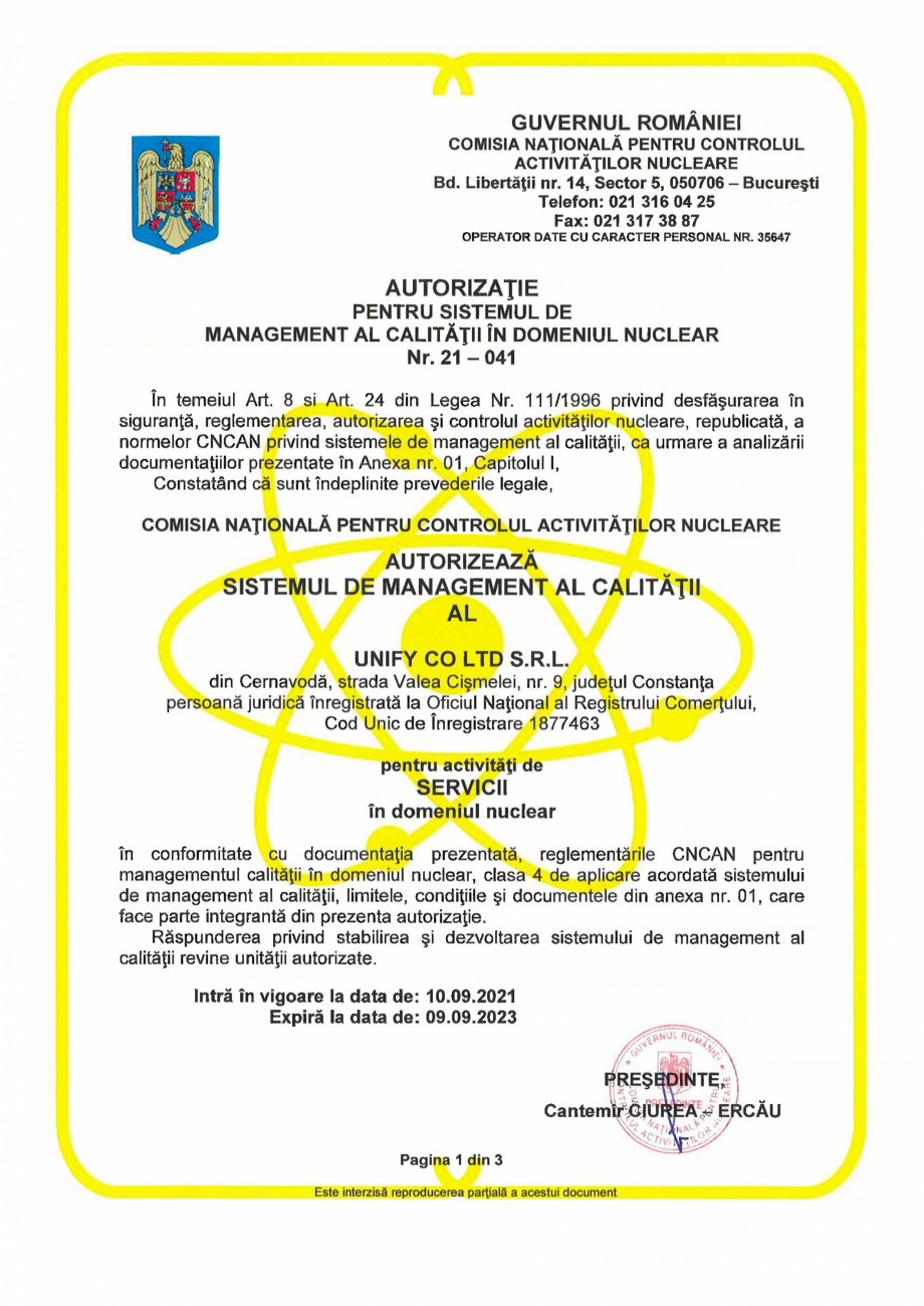 Pagina 1-Autorizatie CNCAN Servicii UNIFY 21-041  Certificare produs Engleza 