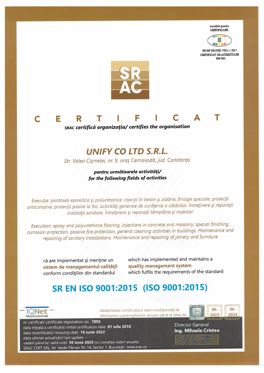 Pagina 1-Certificat SRAC -SR EN ISO 9001 -2015   Certificare produs Engleza 