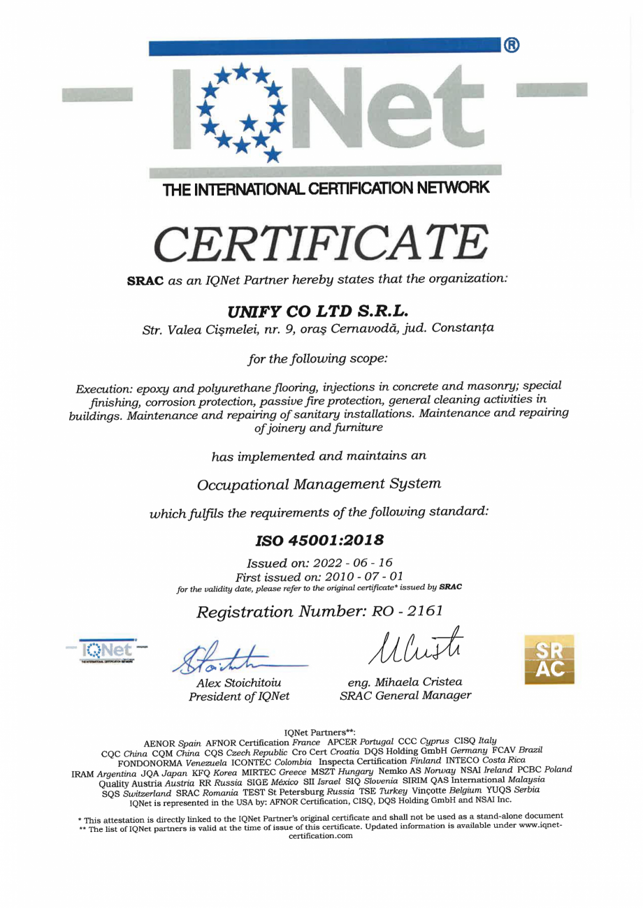 Pagina 1-Certificat SRAC -IQNET SR ISO 45001-2018  Certificare produs Engleza 