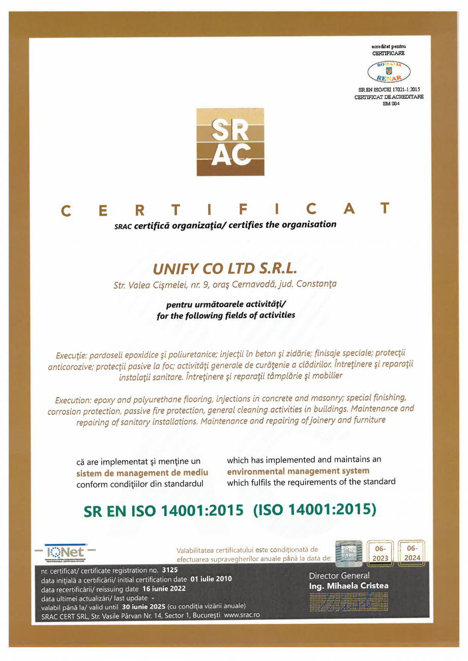 Pagina 1-Certificat SRAC SR EN ISO 14001 -2015  Certificare produs Engleza 