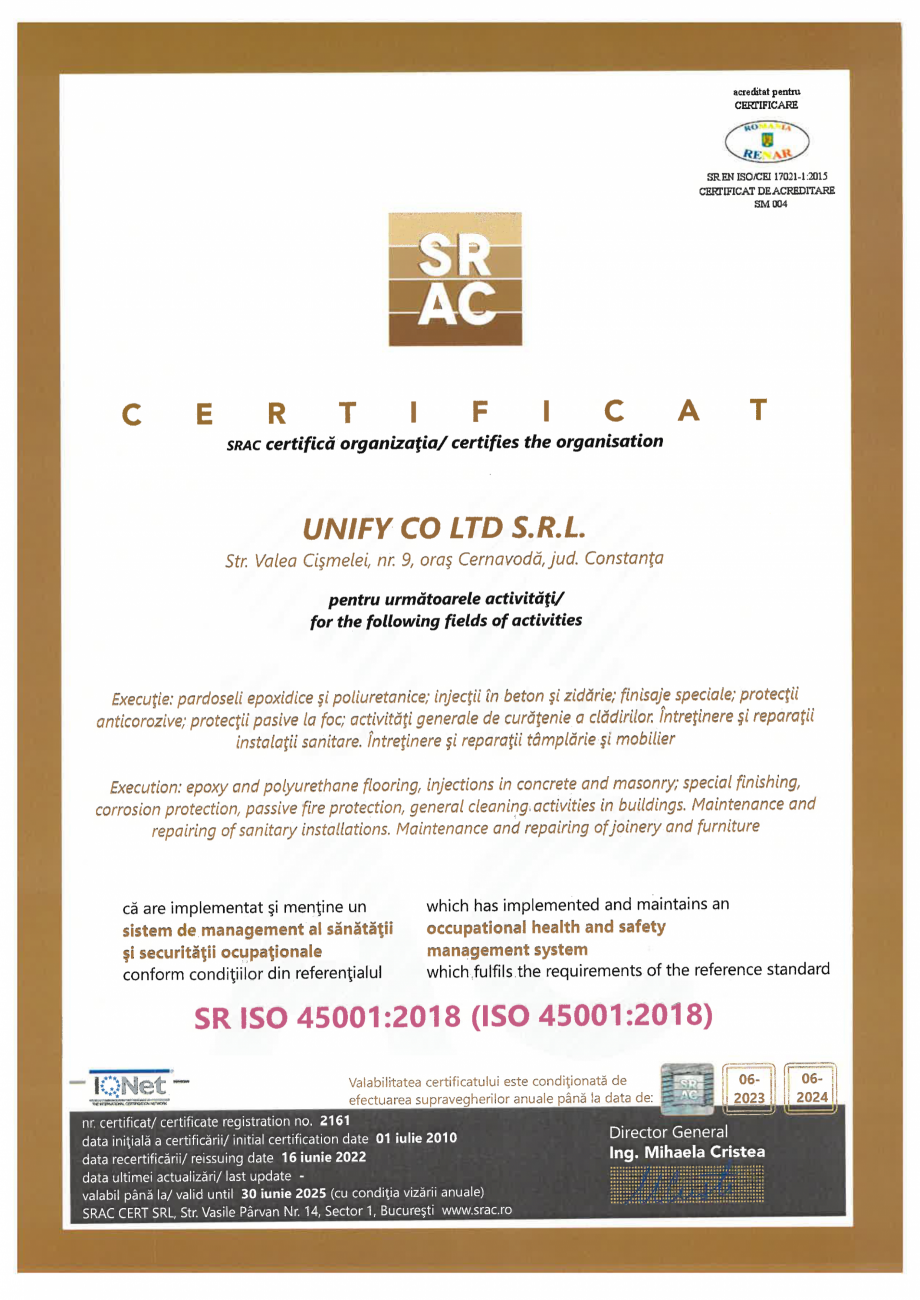 Pagina 1-Certificat SRAC -SR ISO 45001-2018  Certificare produs Engleza 