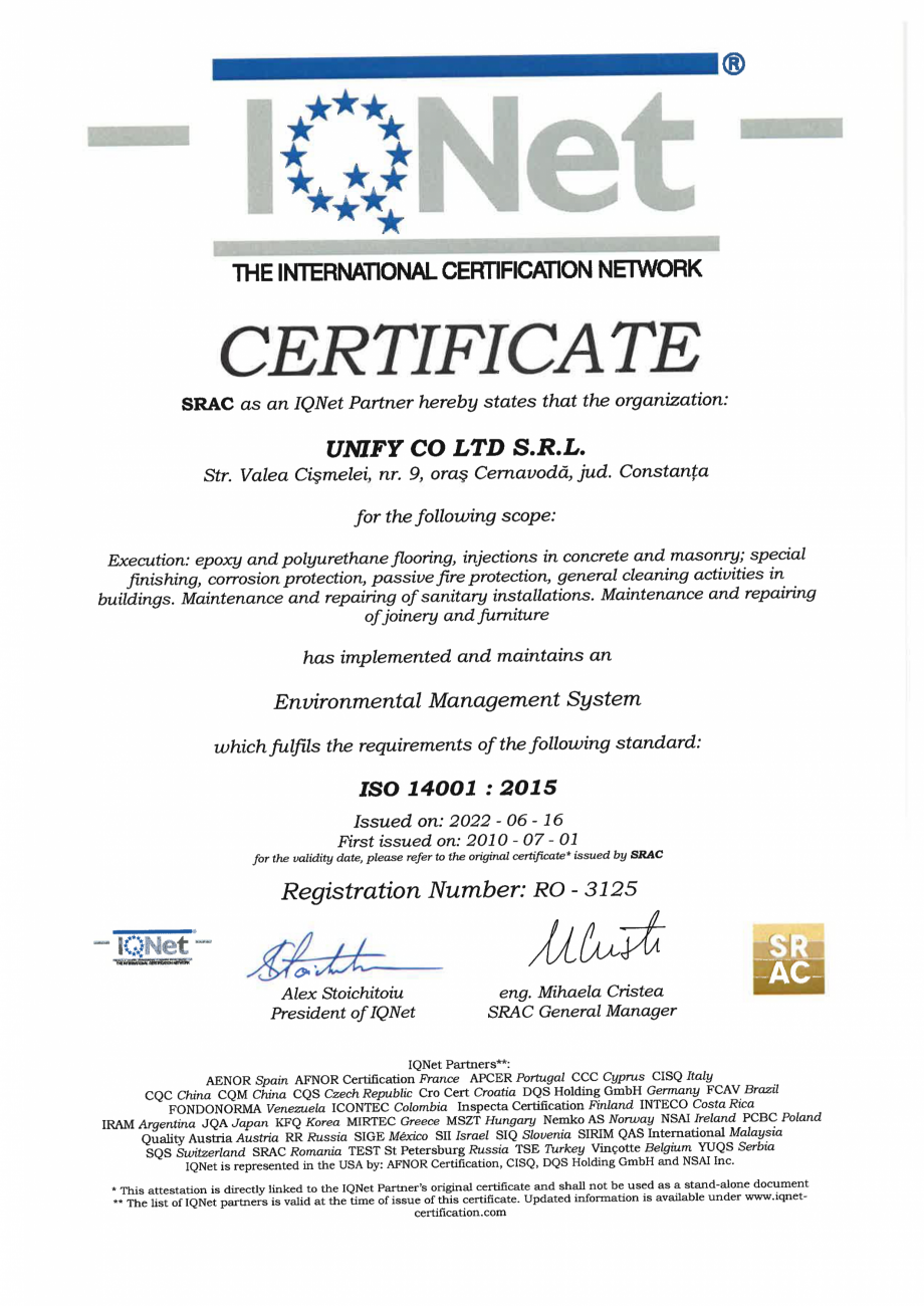 Pagina 1-Certificat SRAC-IQNET SR EN ISO 14001 -2015  Certificare produs Engleza 